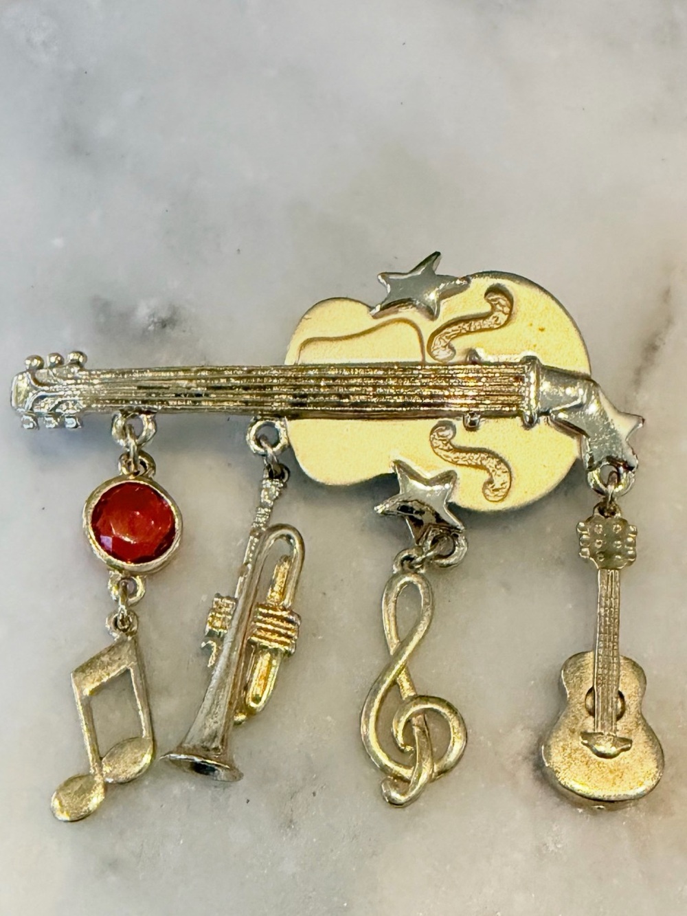 Vintage Violin Brooch with Dangling Instruments